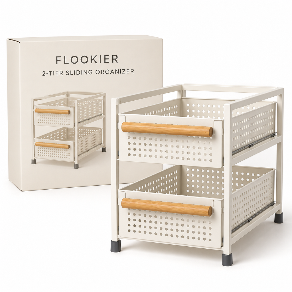 FLOOKIER® 2-Tier Sliding Organizer – Pull-Out Storage Baskets with Bamboo Handles for Kitchen and Bathroom
