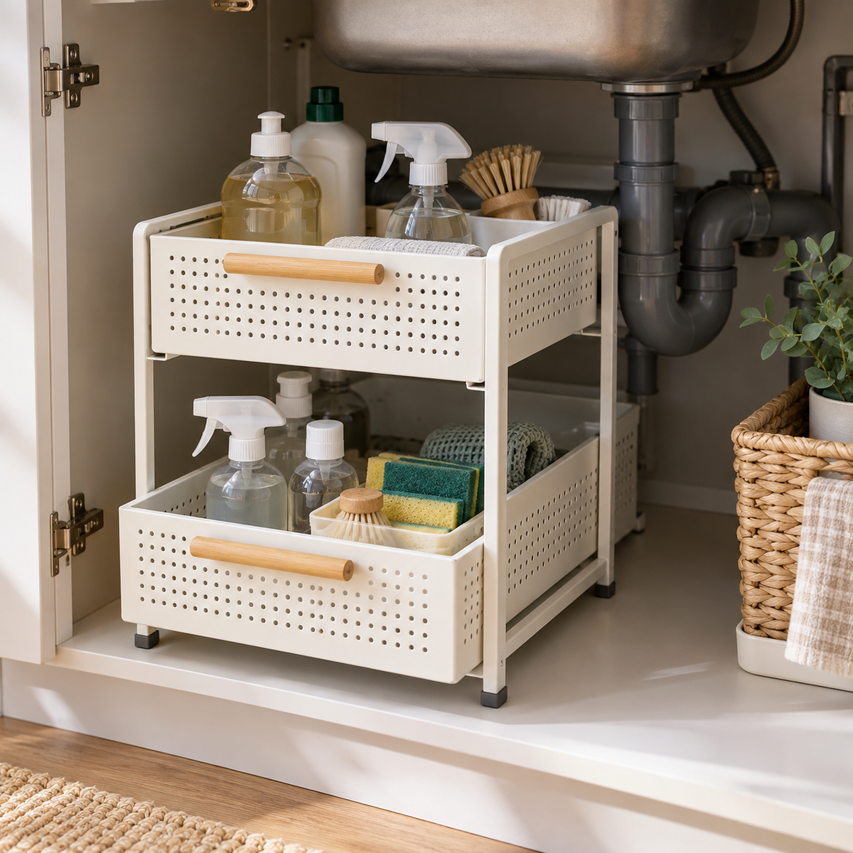 FLOOKIER® 2-Tier Sliding Organizer – Pull-Out Storage Baskets with Bamboo Handles for Kitchen and Bathroom