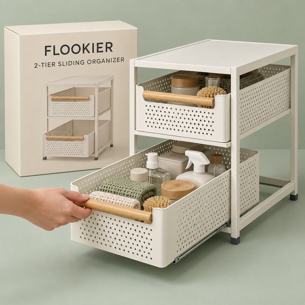 FLOOKIER® 2-Tier Sliding Organizer – Pull-Out Storage Baskets with Bamboo Handles for Kitchen and Bathroom