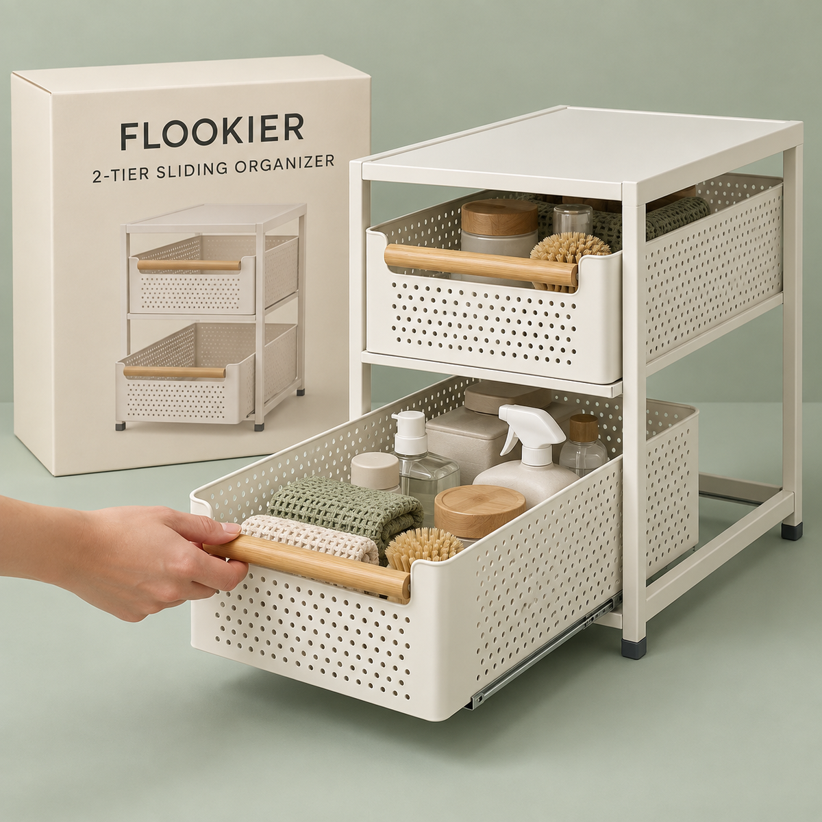 FLOOKIER® 2-Tier Sliding Organizer – Pull-Out Storage Baskets with Bamboo Handles for Kitchen and Bathroom