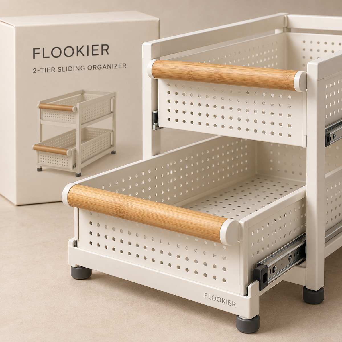 FLOOKIER® 2-Tier Sliding Organizer – Pull-Out Storage Baskets with Bamboo Handles for Kitchen and Bathroom