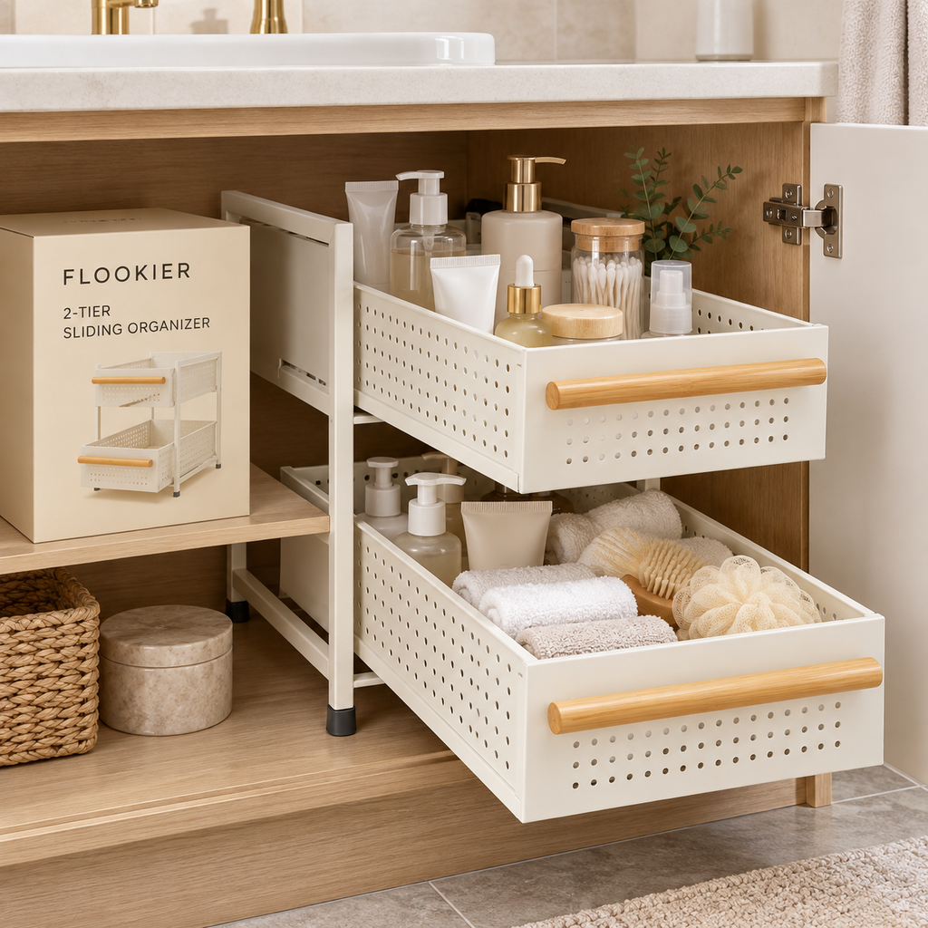 FLOOKIER® 2-Tier Sliding Organizer – Pull-Out Storage Baskets with Bamboo Handles for Kitchen and Bathroom