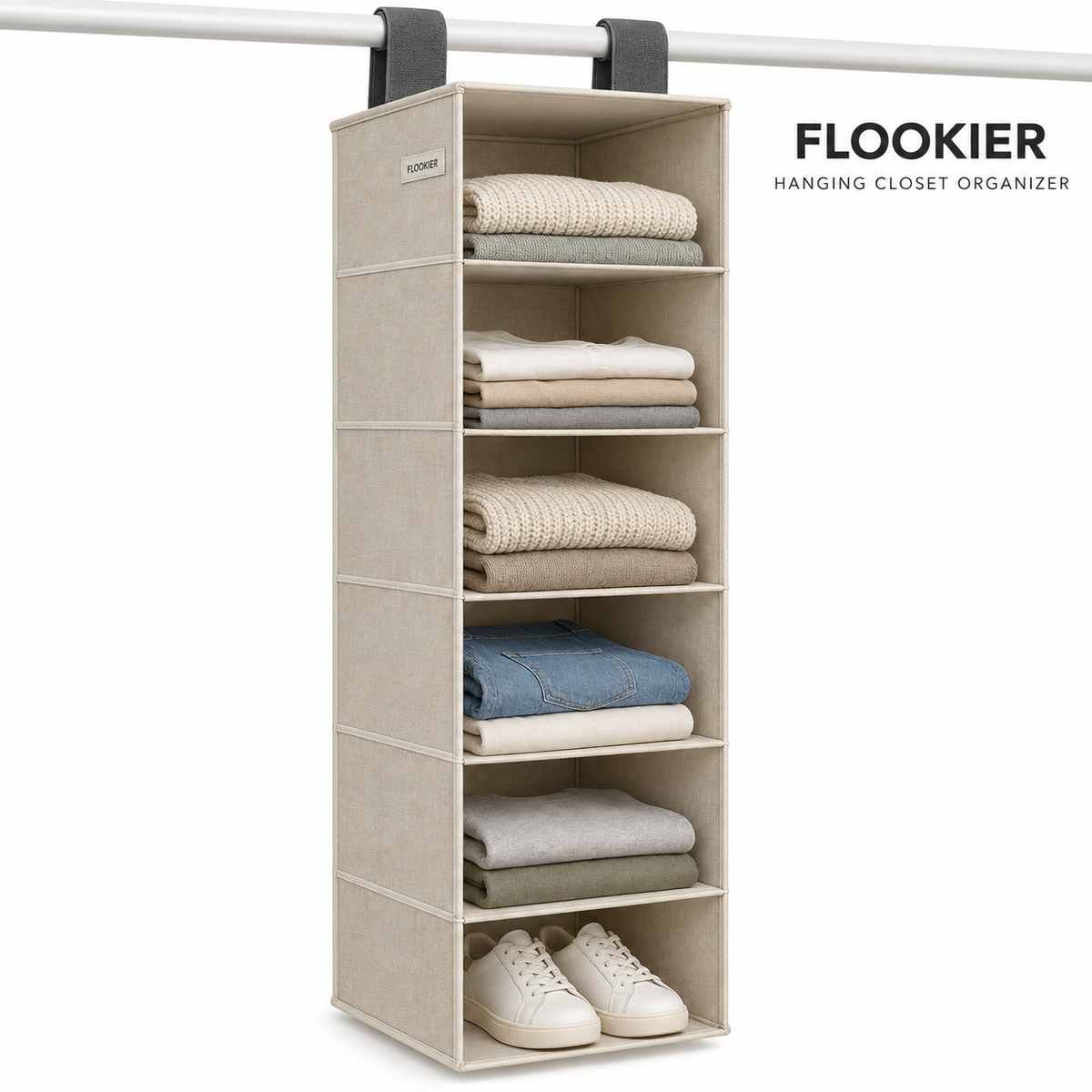 FLOOKIER® 6-Shelf Hanging Closet Organizer – Fabric Storage Shelves for Clothes, Shoes & Everyday Essentials
