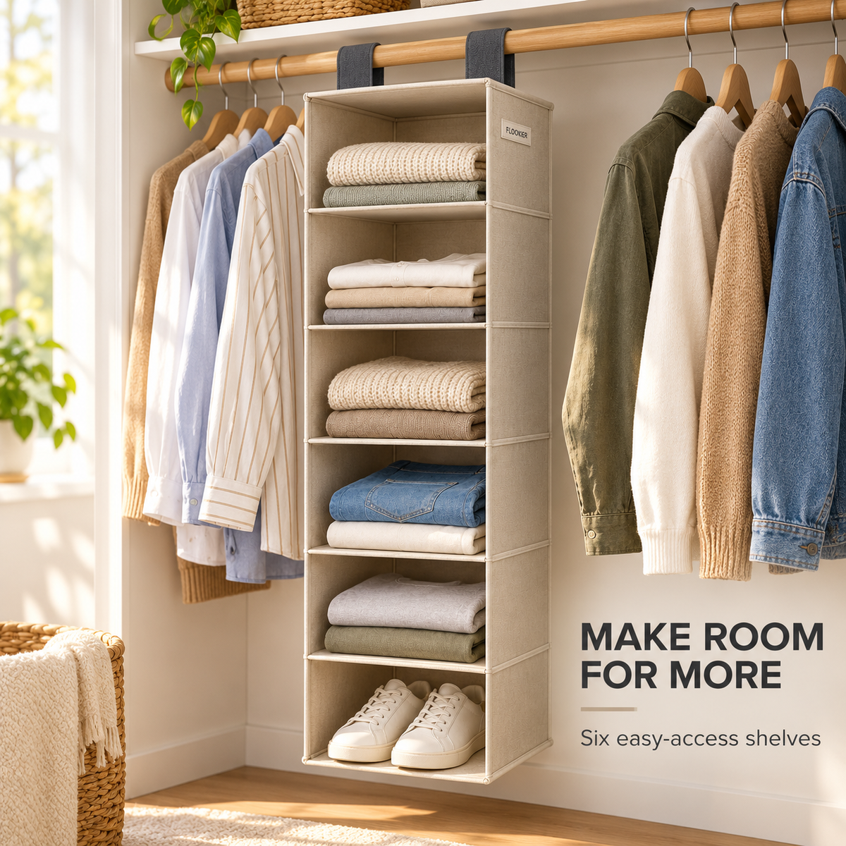 FLOOKIER® 6-Shelf Hanging Closet Organizer – Fabric Storage Shelves for Clothes, Shoes & Everyday Essentials