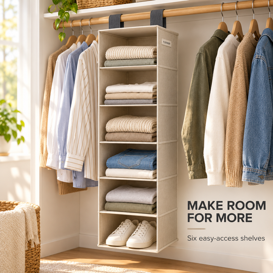 FLOOKIER® 6-Shelf Hanging Closet Organizer – Fabric Storage Shelves for Clothes, Shoes & Everyday Essentials