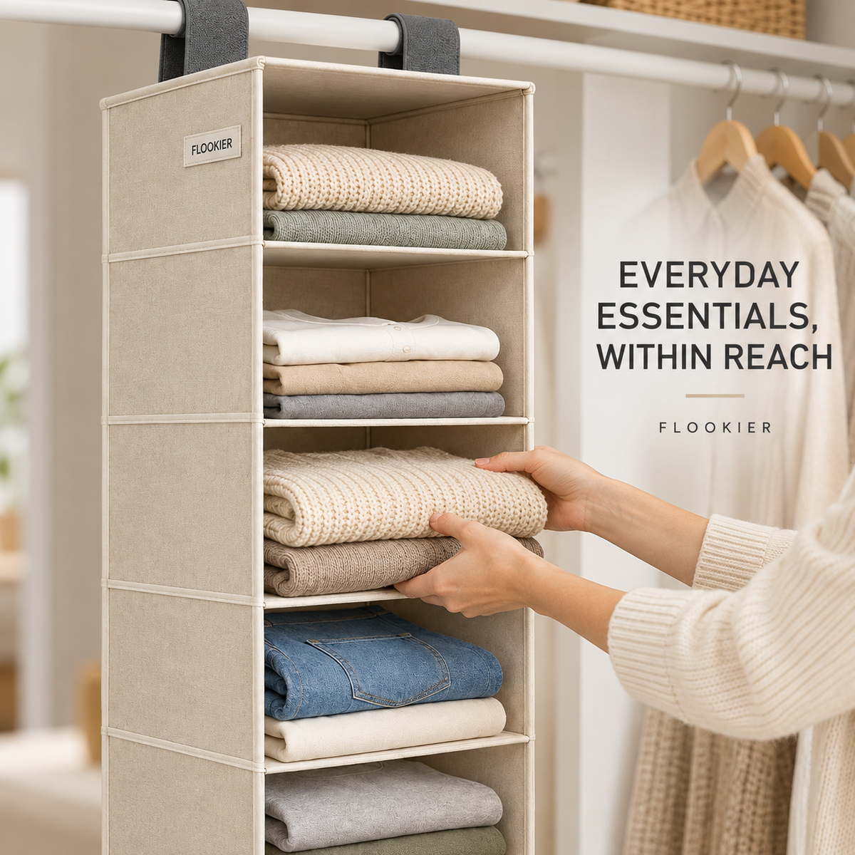 FLOOKIER® 6-Shelf Hanging Closet Organizer – Fabric Storage Shelves for Clothes, Shoes & Everyday Essentials