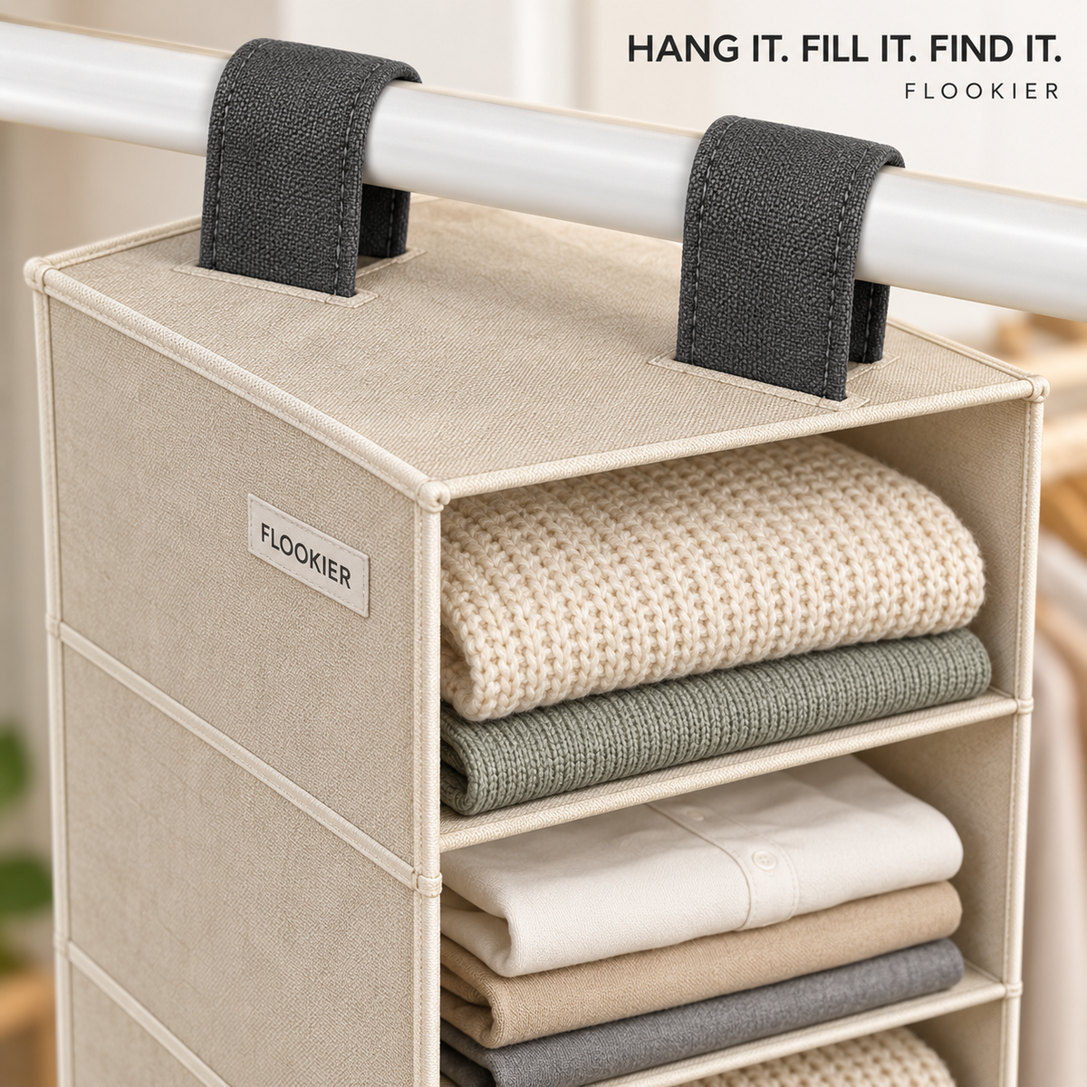 FLOOKIER® 6-Shelf Hanging Closet Organizer – Fabric Storage Shelves for Clothes, Shoes & Everyday Essentials