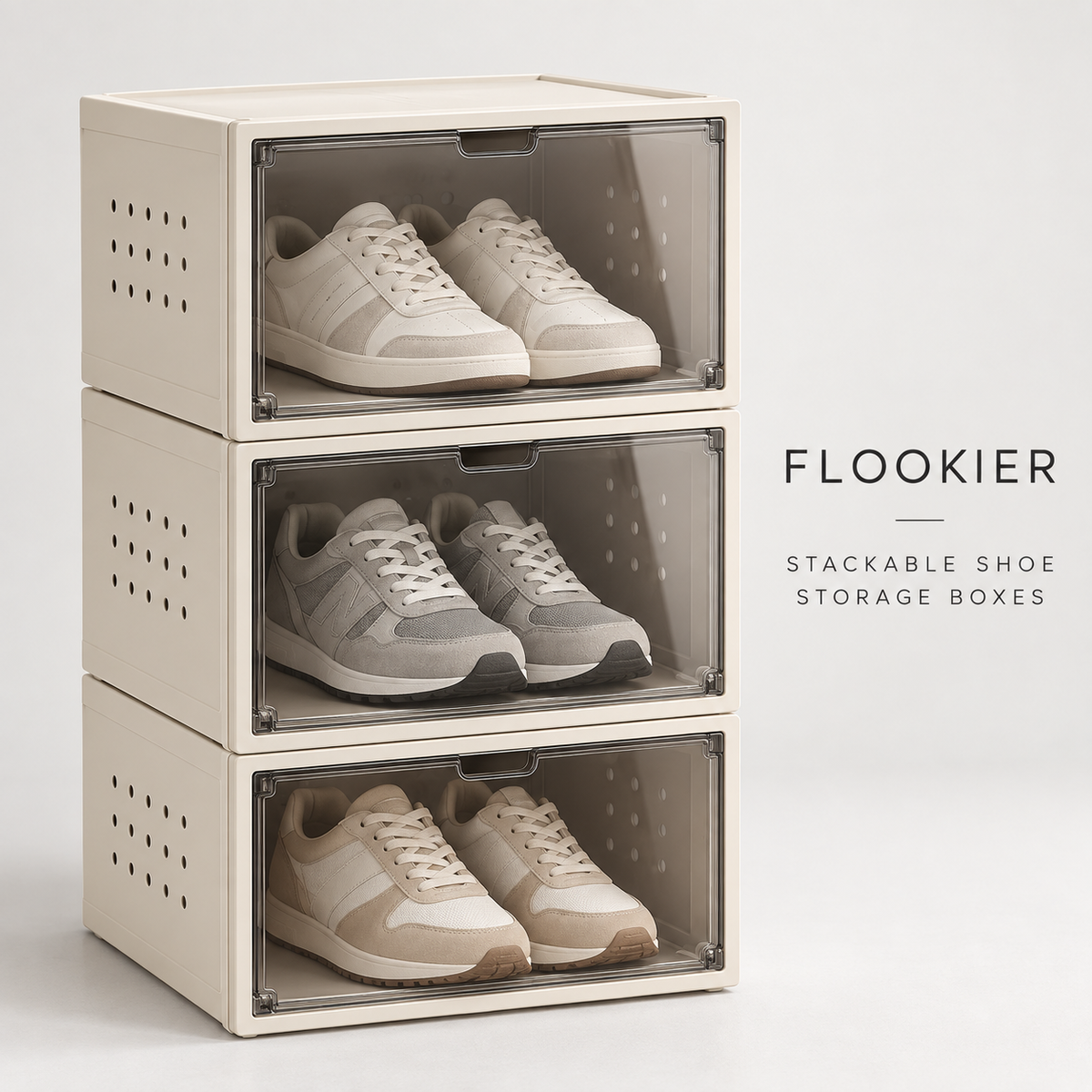FLOOKIER® Stackable Shoe Storage Boxes – Clear Drop-Front Doors & Ventilated Sides for Closet and Entryway Organization