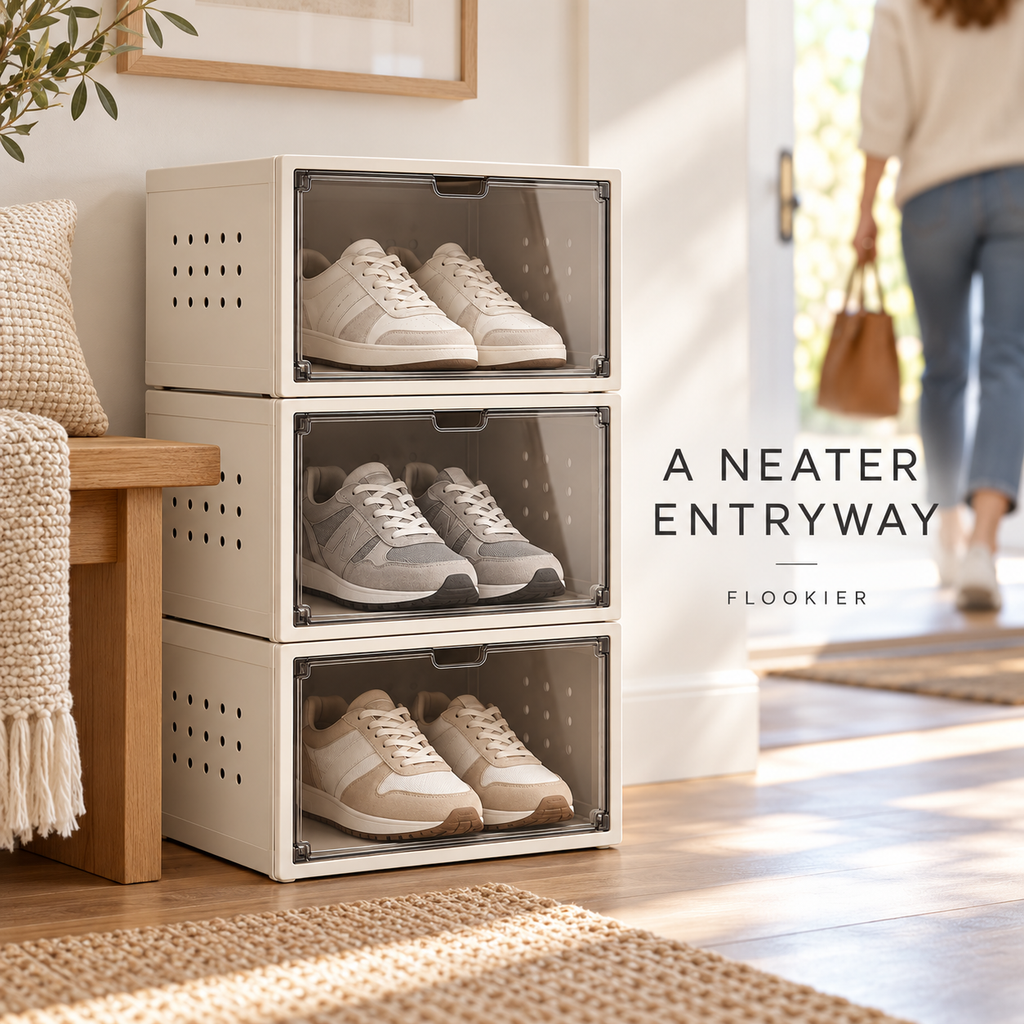 FLOOKIER® Stackable Shoe Storage Boxes – Clear Drop-Front Doors & Ventilated Sides for Closet and Entryway Organization