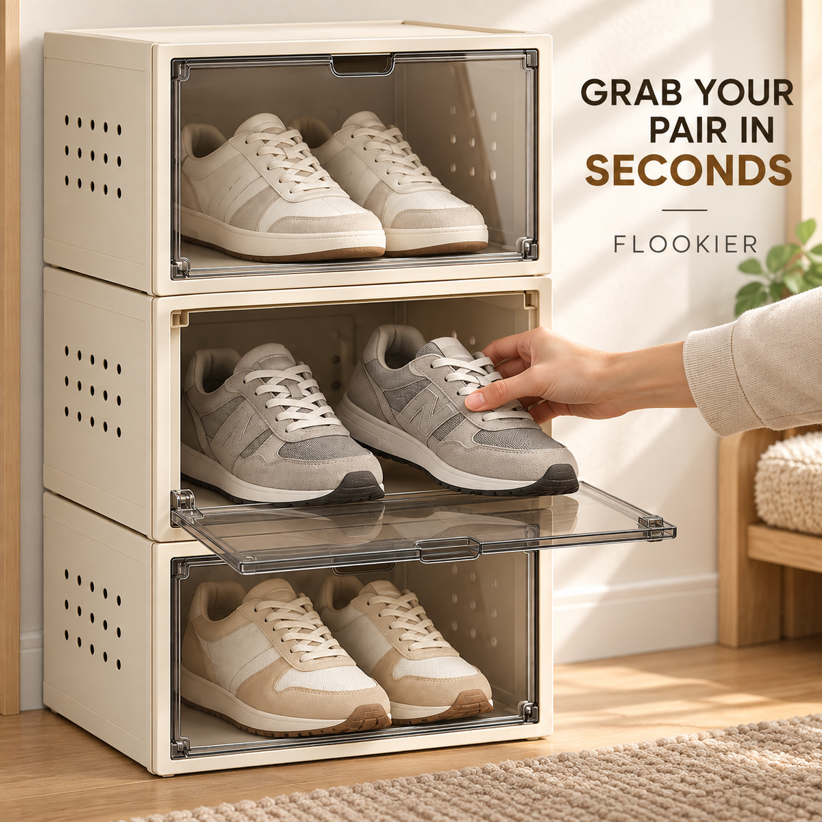 FLOOKIER® Stackable Shoe Storage Boxes – Clear Drop-Front Doors & Ventilated Sides for Closet and Entryway Organization