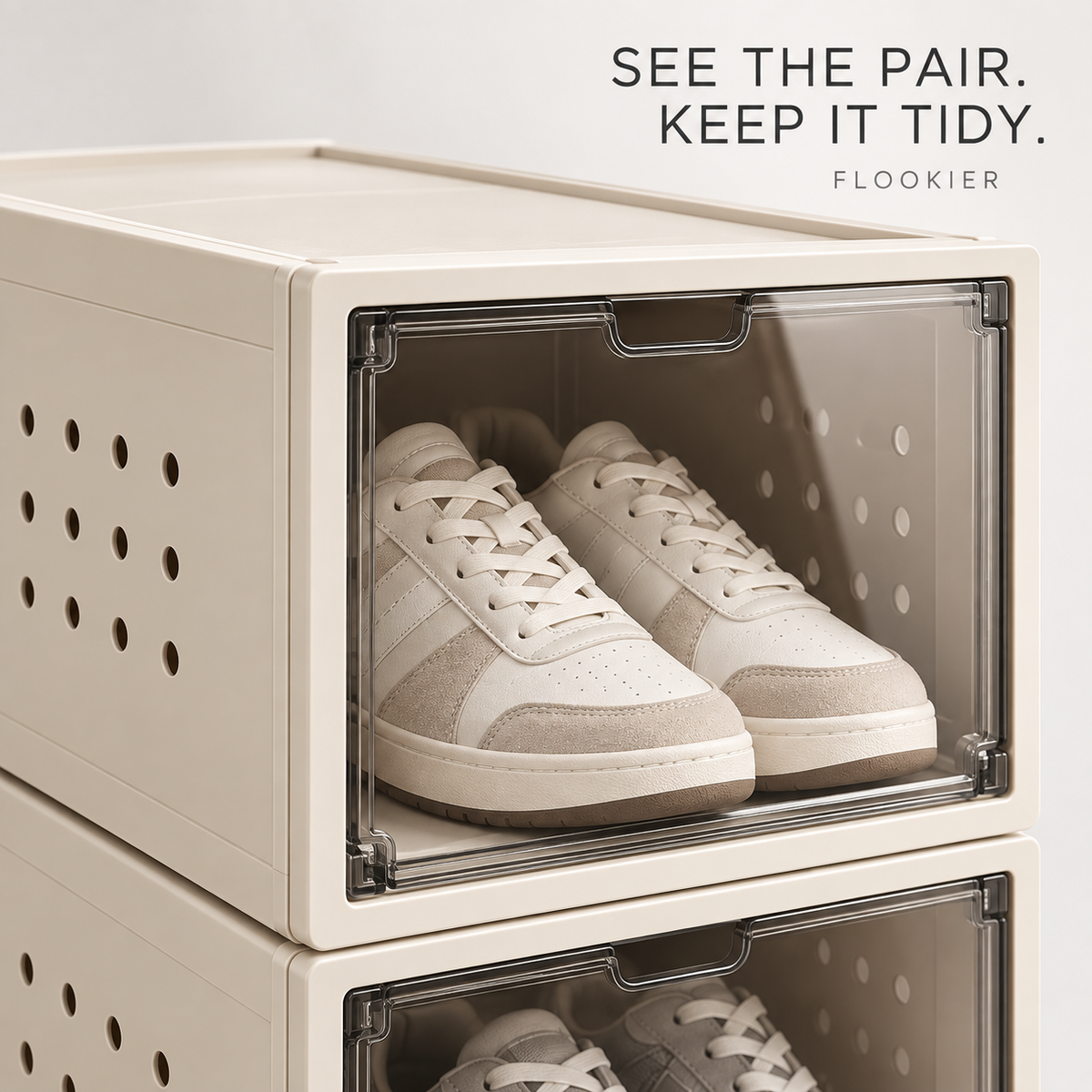 FLOOKIER® Stackable Shoe Storage Boxes – Clear Drop-Front Doors & Ventilated Sides for Closet and Entryway Organization