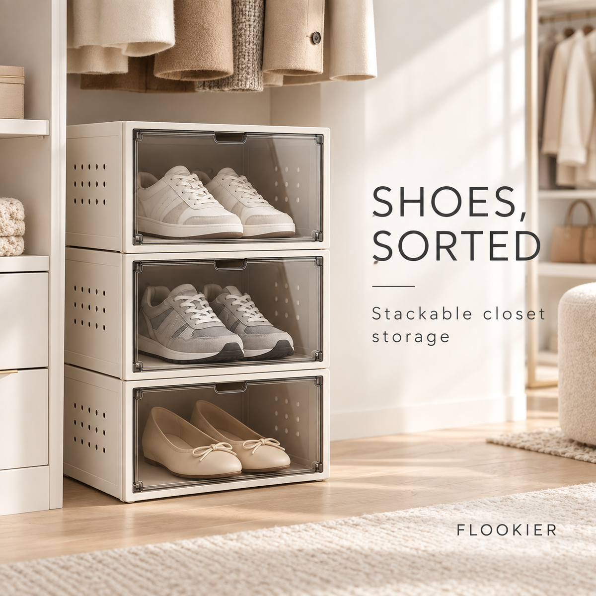 FLOOKIER® Stackable Shoe Storage Boxes – Clear Drop-Front Doors & Ventilated Sides for Closet and Entryway Organization