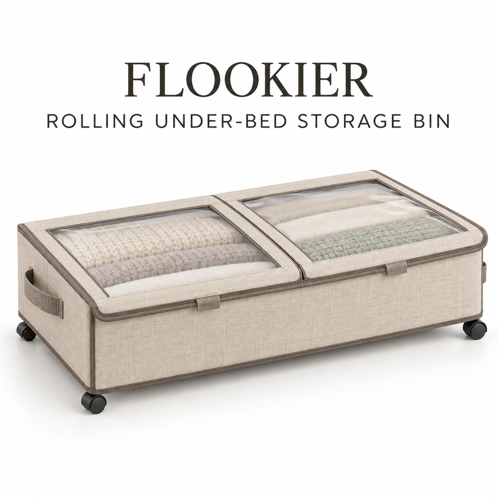 FLOOKIER® Rolling Under-Bed Storage Bin – Clear-Window Split Lids, Pull Handles & Wheels for Clothes and Bedding
