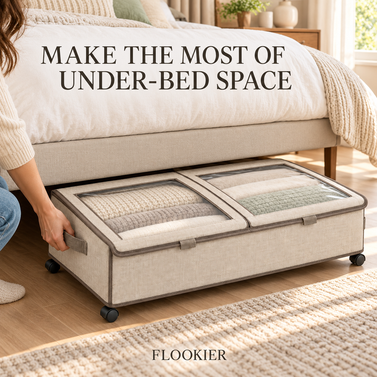 FLOOKIER® Rolling Under-Bed Storage Bin – Clear-Window Split Lids, Pull Handles & Wheels for Clothes and Bedding
