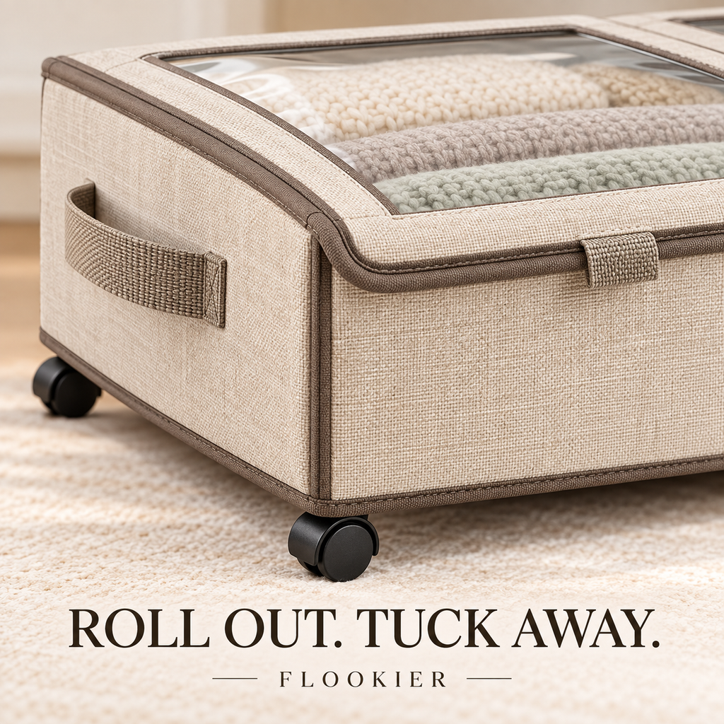 FLOOKIER® Rolling Under-Bed Storage Bin – Clear-Window Split Lids, Pull Handles & Wheels for Clothes and Bedding