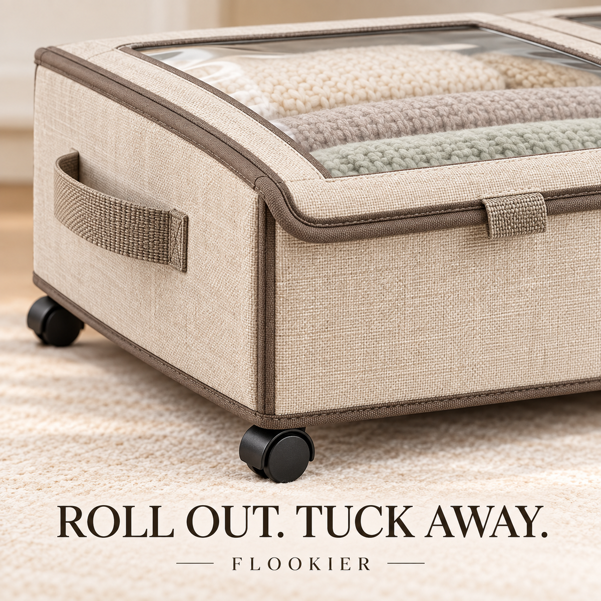 FLOOKIER® Rolling Under-Bed Storage Bin – Clear-Window Split Lids, Pull Handles & Wheels for Clothes and Bedding