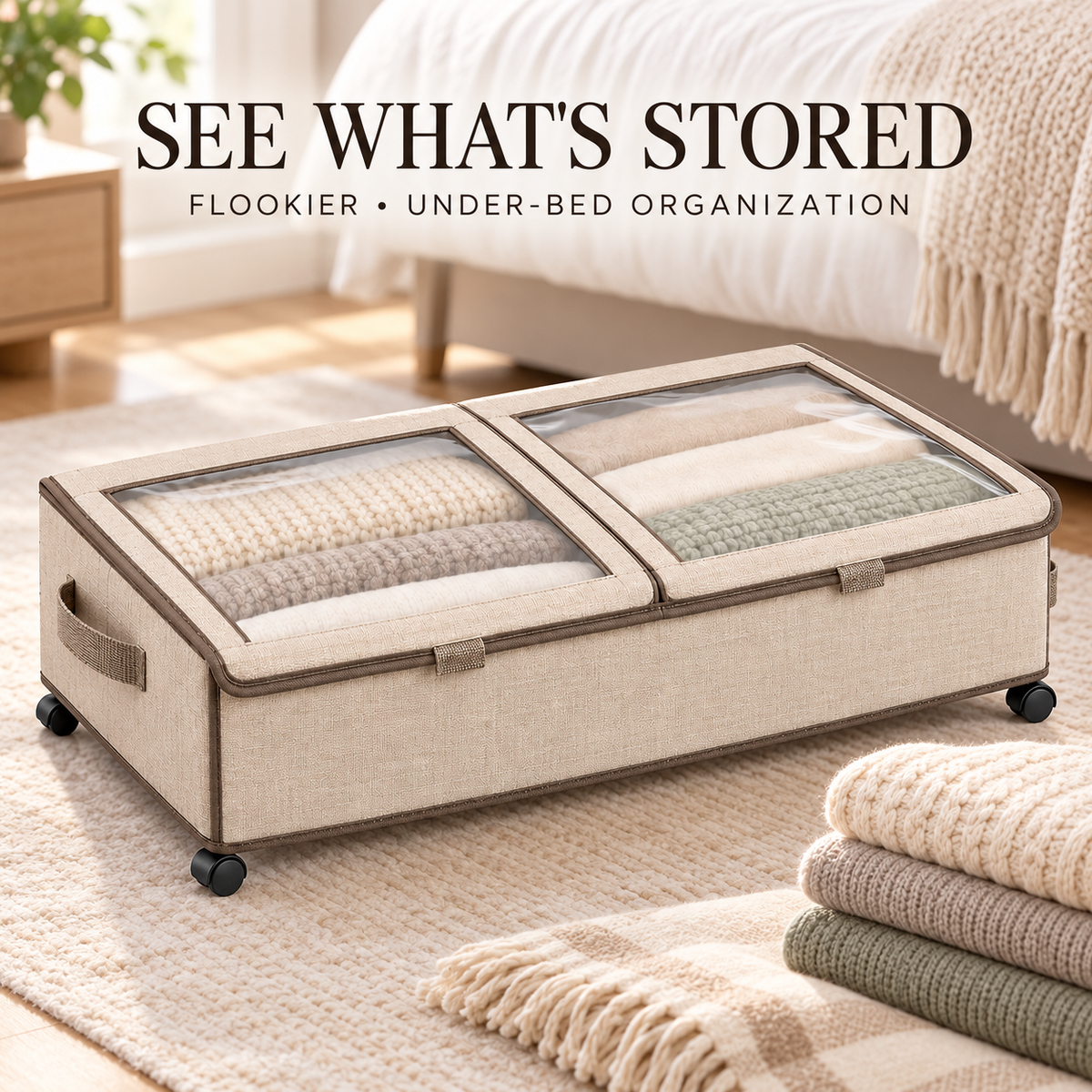 FLOOKIER® Rolling Under-Bed Storage Bin – Clear-Window Split Lids, Pull Handles & Wheels for Clothes and Bedding