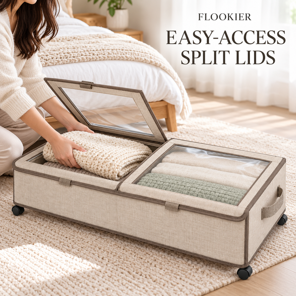 FLOOKIER® Rolling Under-Bed Storage Bin – Clear-Window Split Lids, Pull Handles & Wheels for Clothes and Bedding