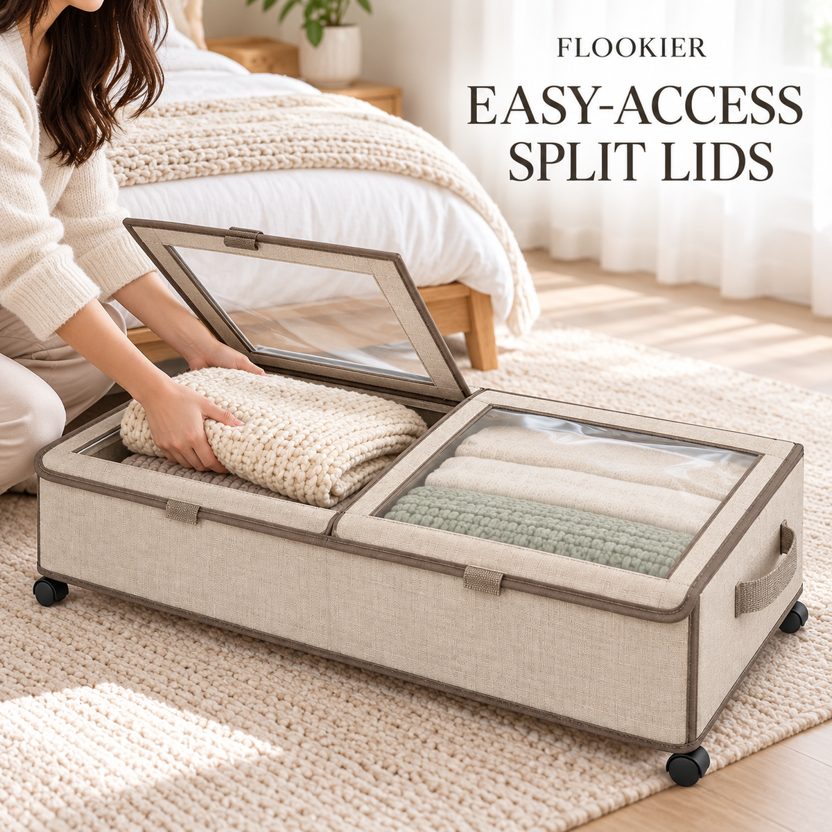 FLOOKIER® Rolling Under-Bed Storage Bin – Clear-Window Split Lids, Pull Handles & Wheels for Clothes and Bedding