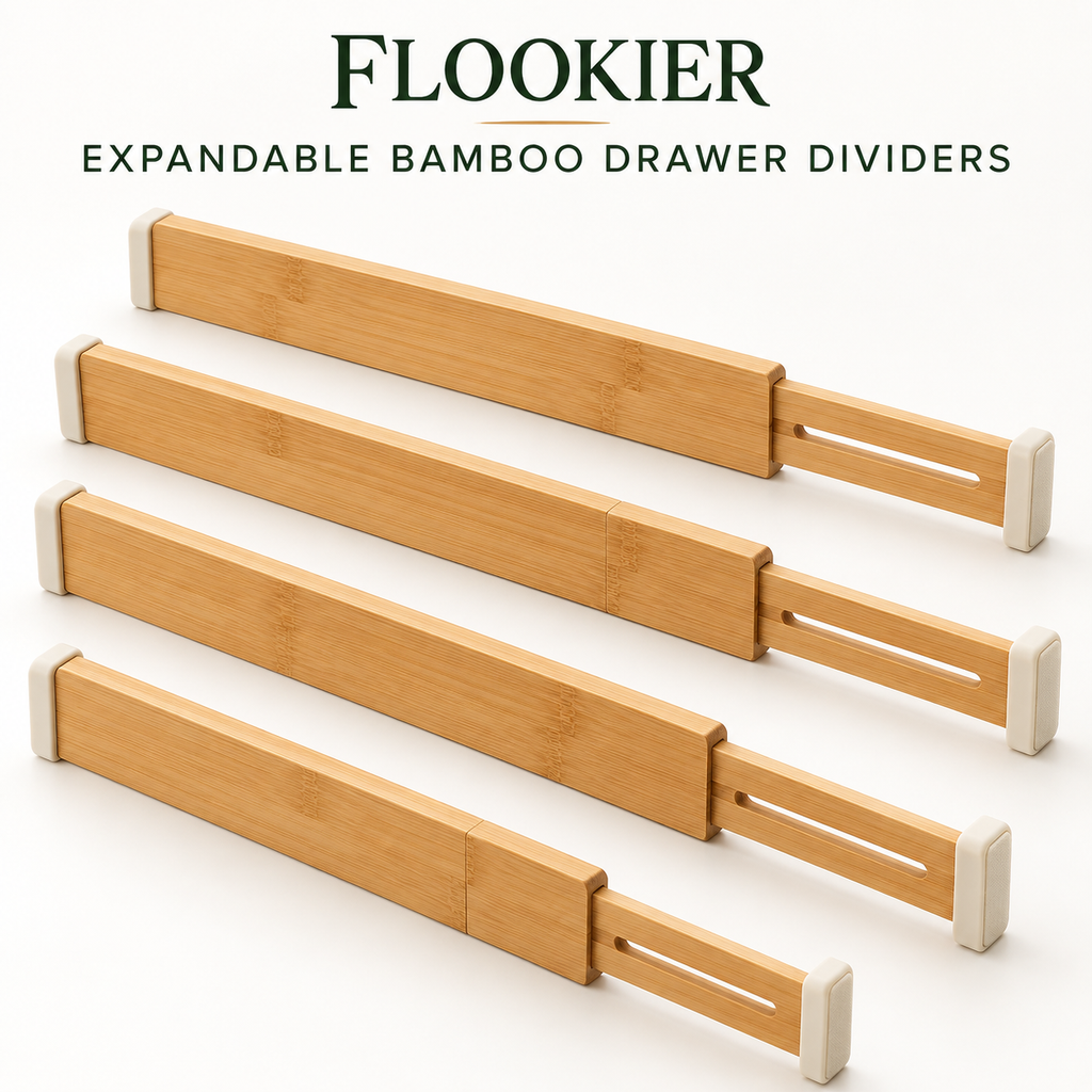 FLOOKIER® Expandable Bamboo Drawer Dividers – Adjustable Organizers with Soft End Pads for Clothes, Kitchen & Office Drawers