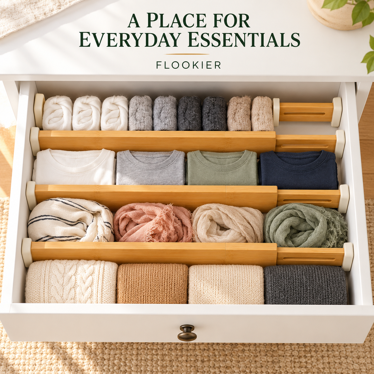 FLOOKIER® Expandable Bamboo Drawer Dividers – Adjustable Organizers with Soft End Pads for Clothes, Kitchen & Office Drawers