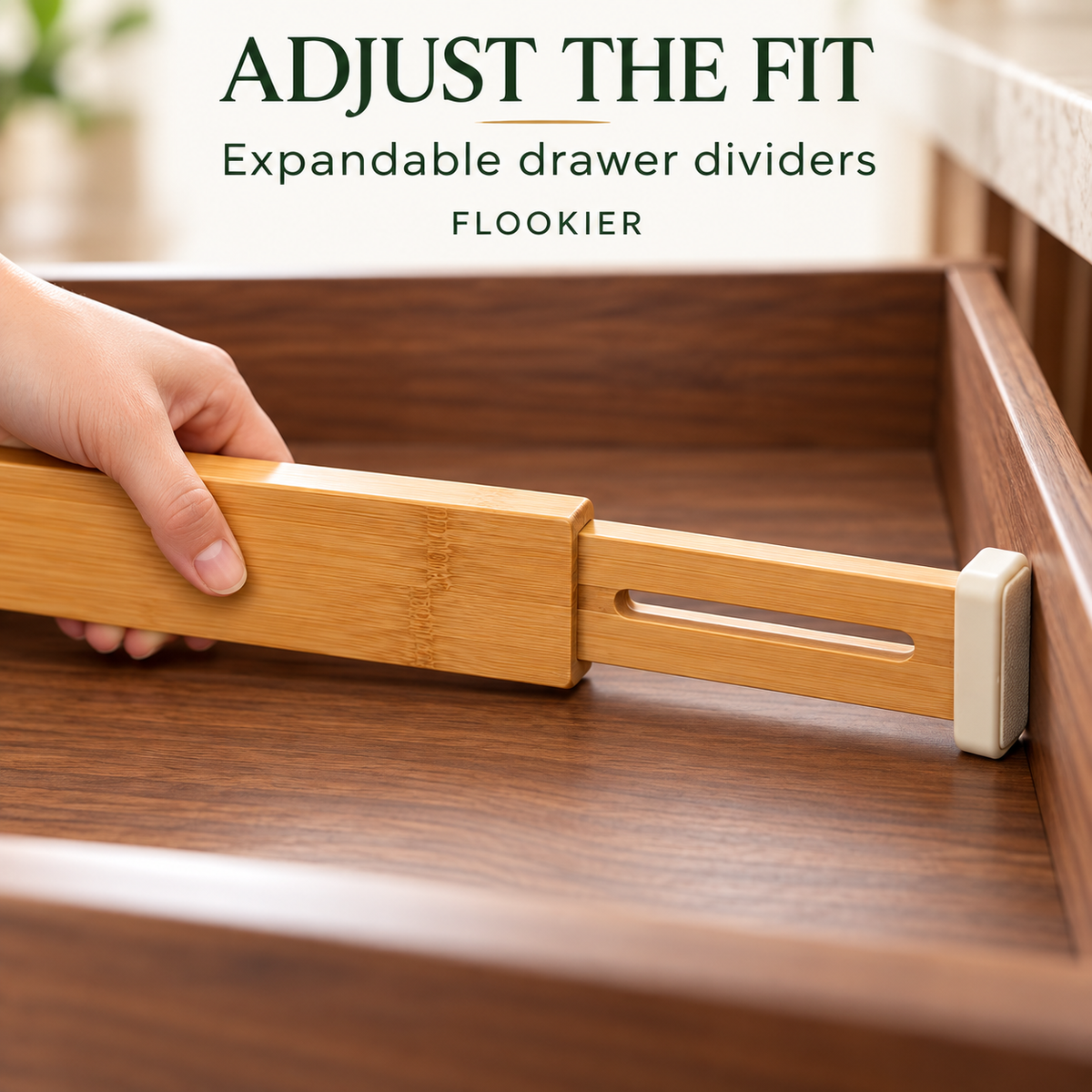 FLOOKIER® Expandable Bamboo Drawer Dividers – Adjustable Organizers with Soft End Pads for Clothes, Kitchen & Office Drawers