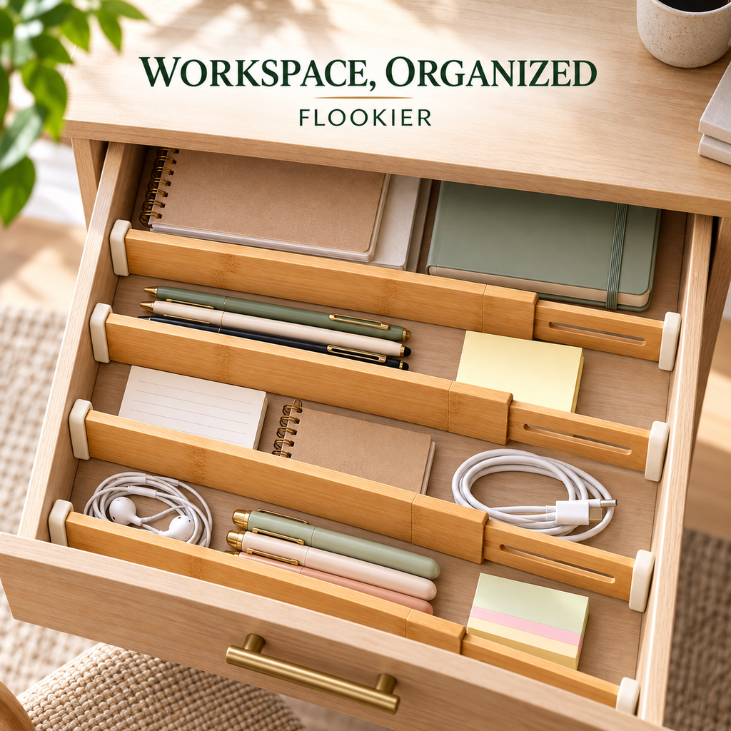 FLOOKIER® Expandable Bamboo Drawer Dividers – Adjustable Organizers with Soft End Pads for Clothes, Kitchen & Office Drawers
