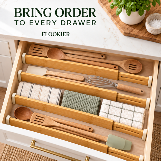 FLOOKIER® Expandable Bamboo Drawer Dividers – Adjustable Organizers with Soft End Pads for Clothes, Kitchen & Office Drawers