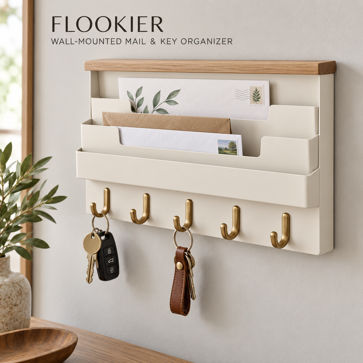 FLOOKIER® Wall-Mounted Mail & Key Organizer – 3 Letter Slots, 5 Hooks & Wood Top Ledge for Entryway Storage