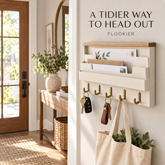 FLOOKIER® Wall-Mounted Mail & Key Organizer – 3 Letter Slots, 5 Hooks & Wood Top Ledge for Entryway Storage