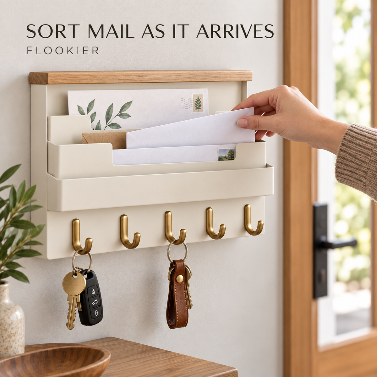 FLOOKIER® Wall-Mounted Mail & Key Organizer – 3 Letter Slots, 5 Hooks & Wood Top Ledge for Entryway Storage