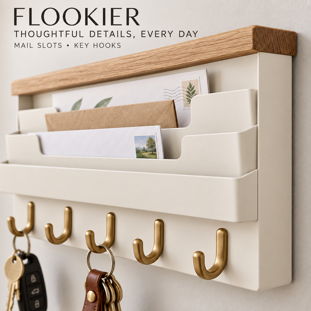 FLOOKIER® Wall-Mounted Mail & Key Organizer – 3 Letter Slots, 5 Hooks & Wood Top Ledge for Entryway Storage