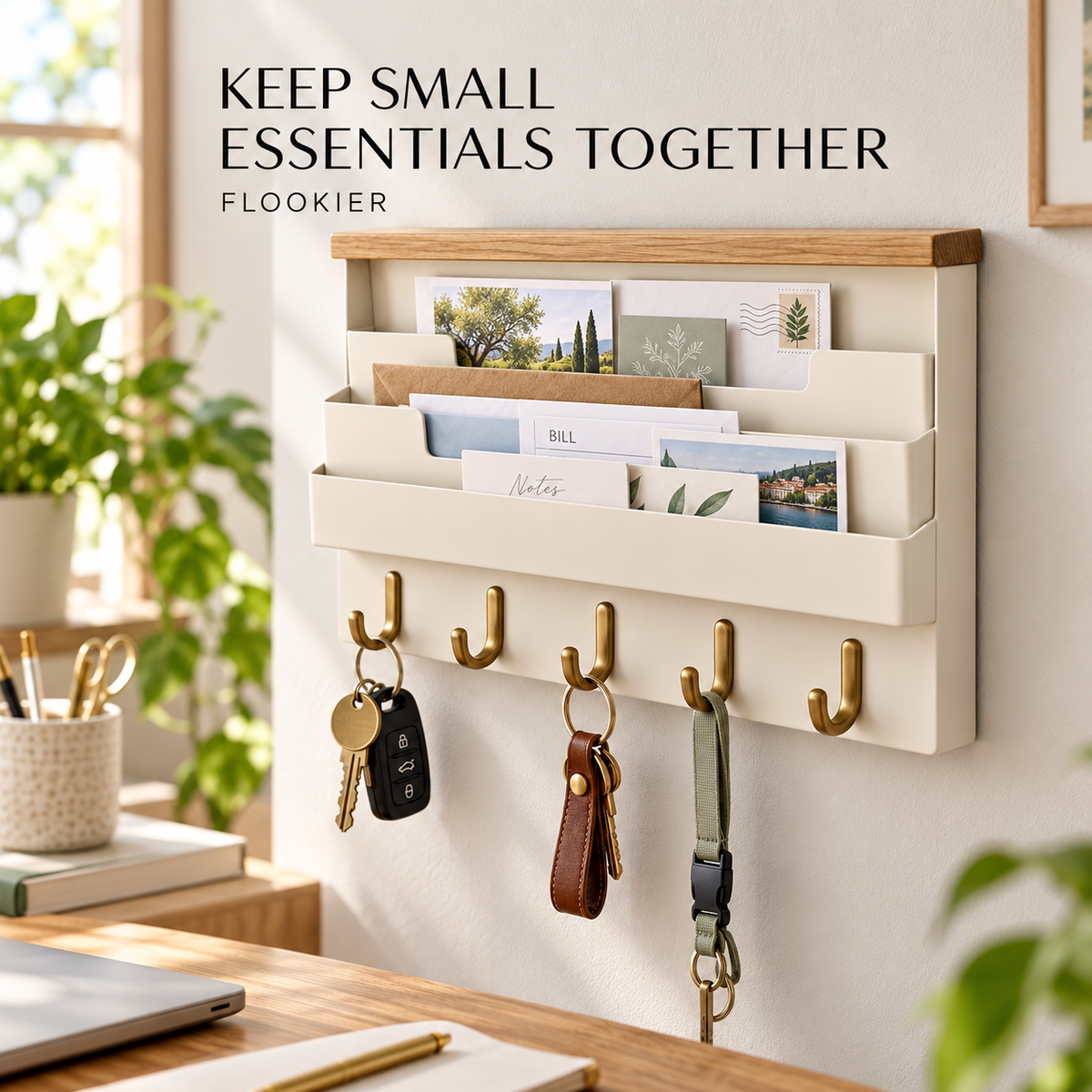 FLOOKIER® Wall-Mounted Mail & Key Organizer – 3 Letter Slots, 5 Hooks & Wood Top Ledge for Entryway Storage