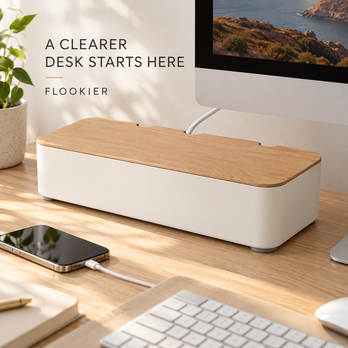 FLOOKIER® Cable Management Box – Wood Lid & Rear Cable Openings for Desk and Living Room Organization