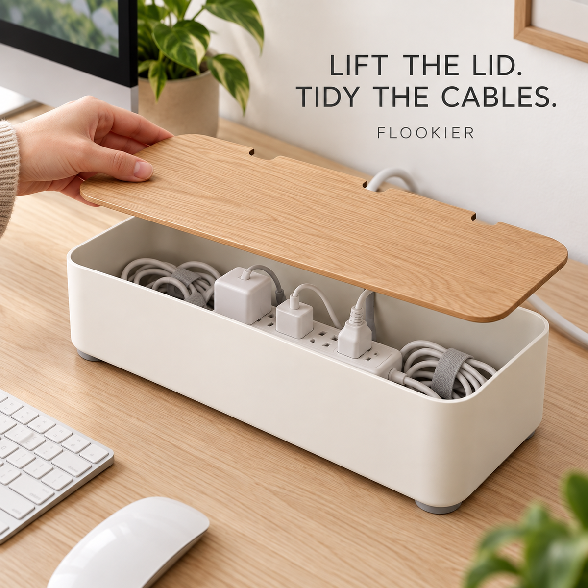 FLOOKIER® Cable Management Box – Wood Lid & Rear Cable Openings for Desk and Living Room Organization
