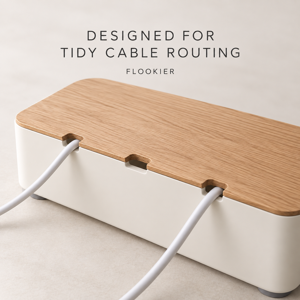 FLOOKIER® Cable Management Box – Wood Lid & Rear Cable Openings for Desk and Living Room Organization