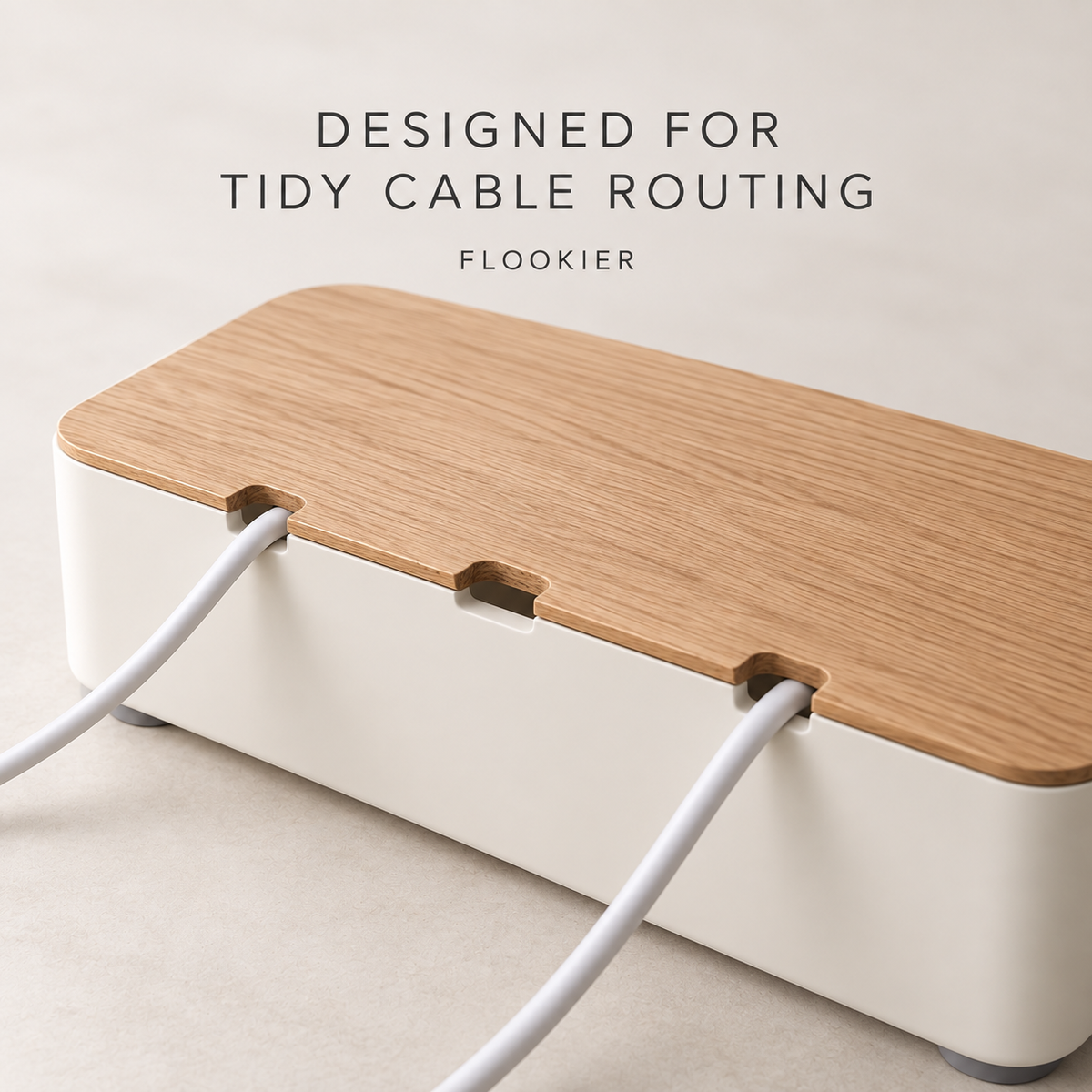 FLOOKIER® Cable Management Box – Wood Lid & Rear Cable Openings for Desk and Living Room Organization