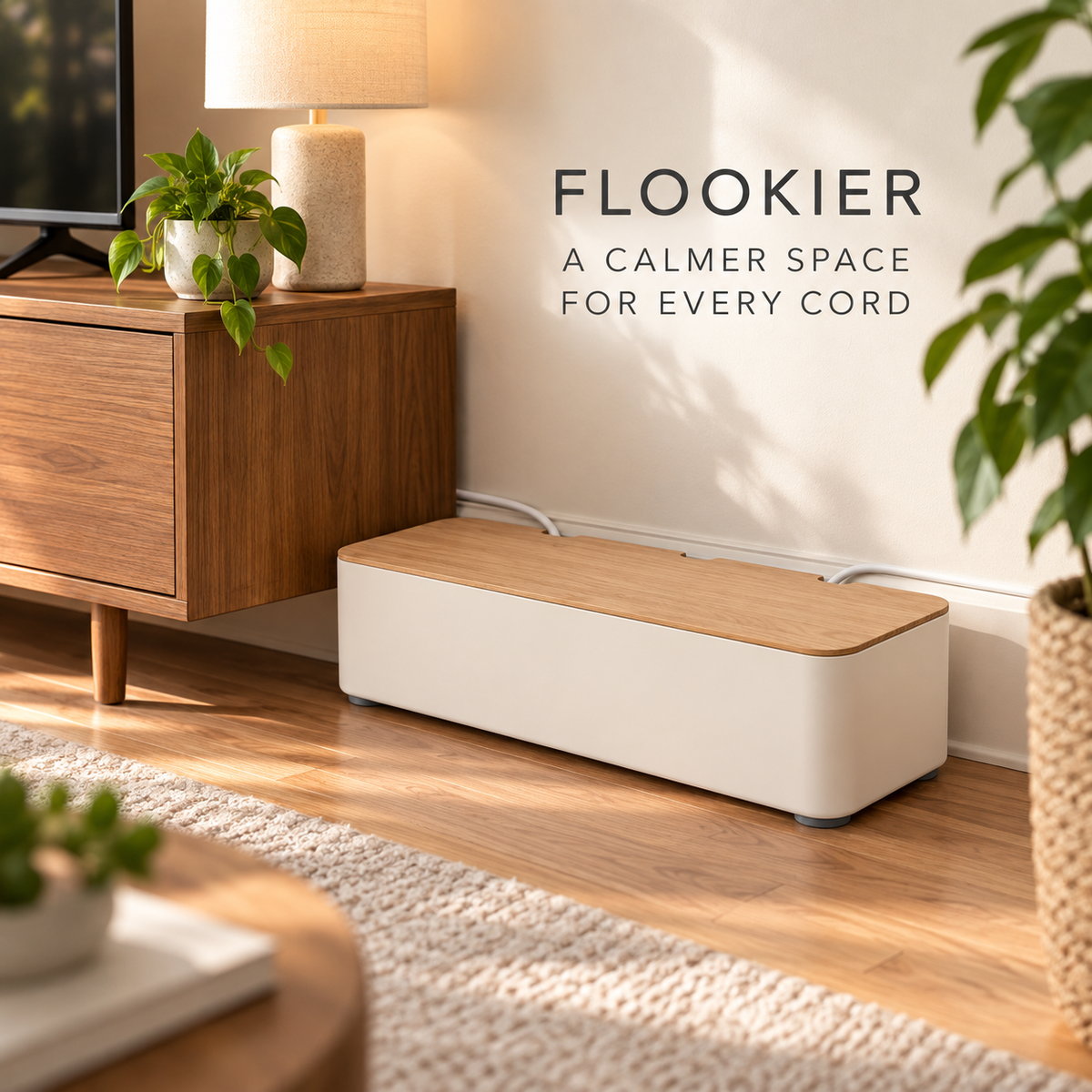 FLOOKIER® Cable Management Box – Wood Lid & Rear Cable Openings for Desk and Living Room Organization