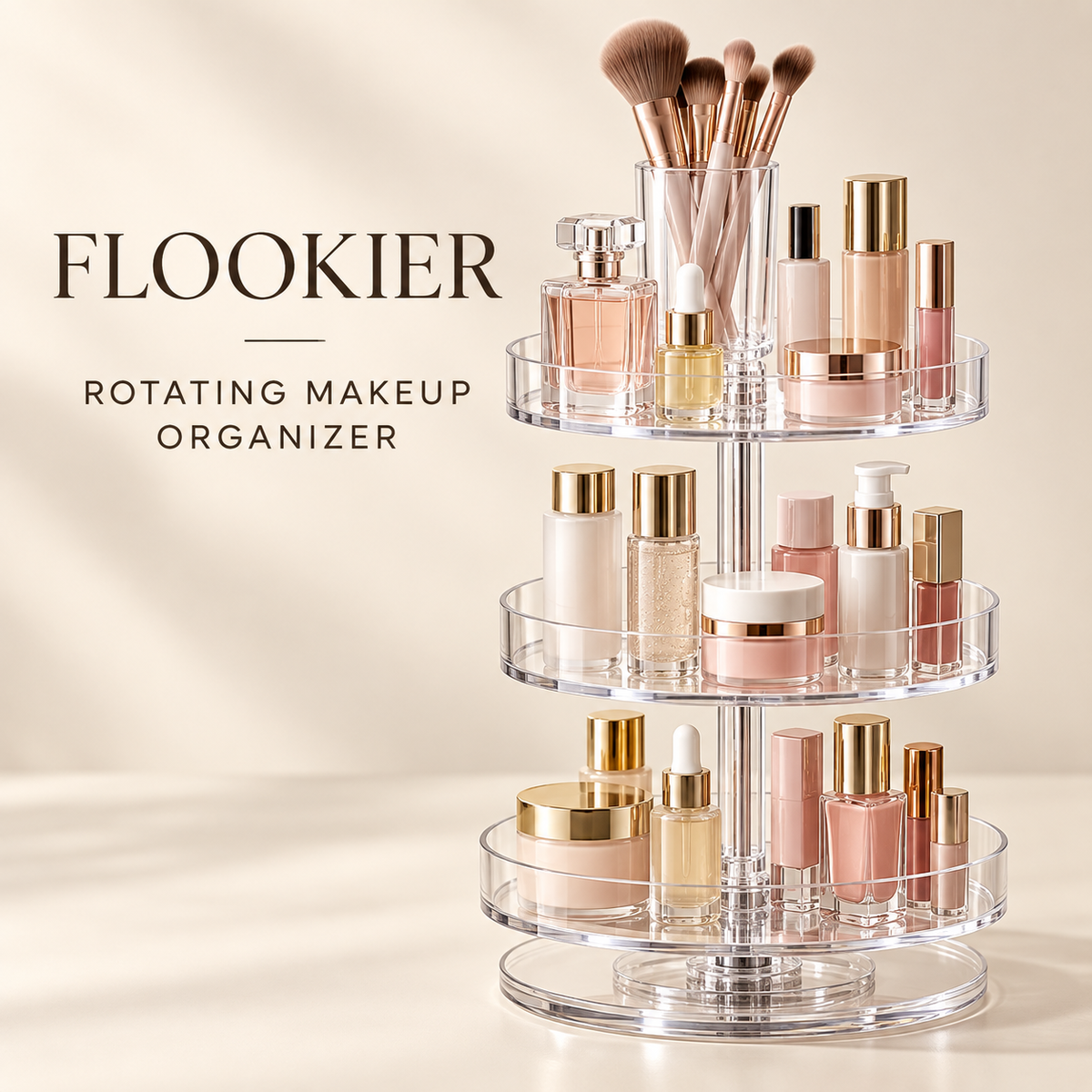 FLOOKIER® 360° Rotating Makeup Organizer – 3 Clear Trays & Brush Holder for Vanity and Bathroom Storage