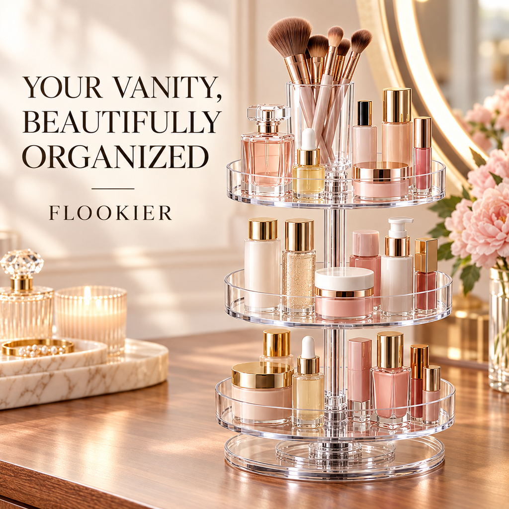 FLOOKIER® 360° Rotating Makeup Organizer – 3 Clear Trays & Brush Holder for Vanity and Bathroom Storage