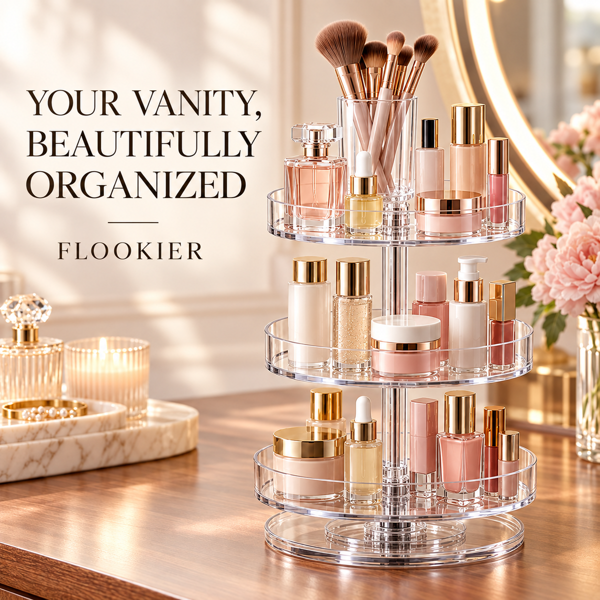 FLOOKIER® 360° Rotating Makeup Organizer – 3 Clear Trays & Brush Holder for Vanity and Bathroom Storage