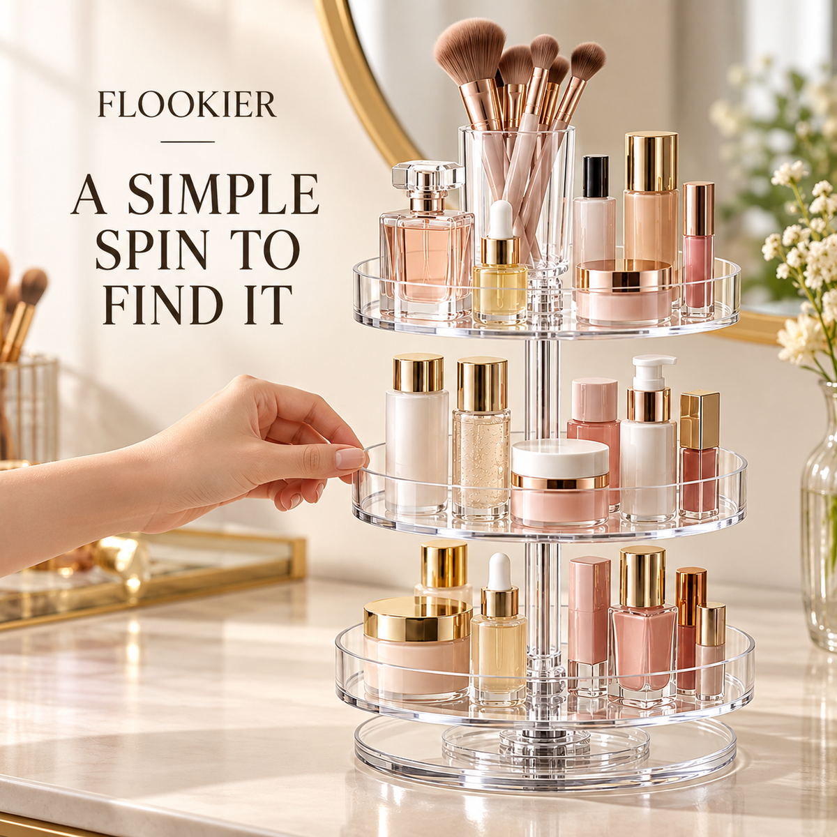 FLOOKIER® 360° Rotating Makeup Organizer – 3 Clear Trays & Brush Holder for Vanity and Bathroom Storage