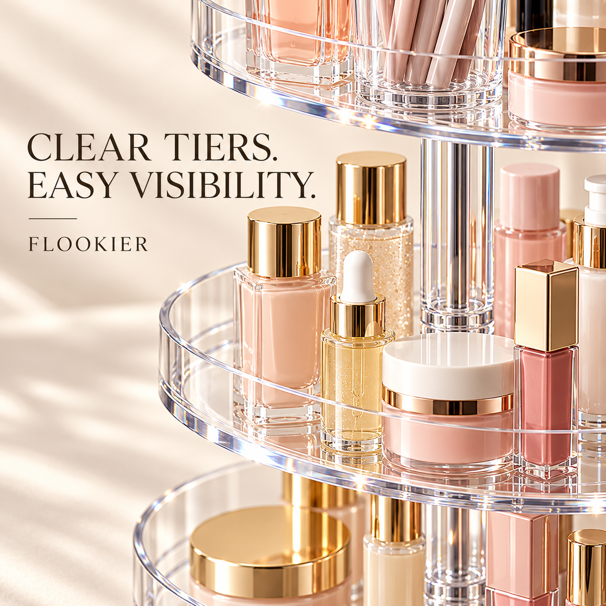 FLOOKIER® 360° Rotating Makeup Organizer – 3 Clear Trays & Brush Holder for Vanity and Bathroom Storage