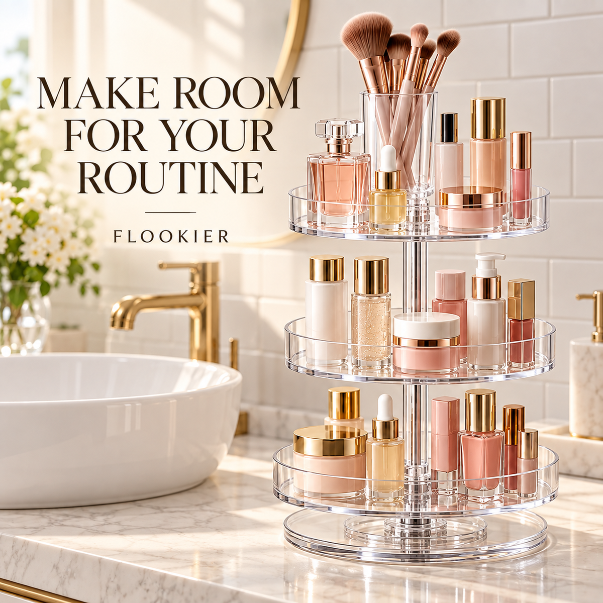 FLOOKIER® 360° Rotating Makeup Organizer – 3 Clear Trays & Brush Holder for Vanity and Bathroom Storage