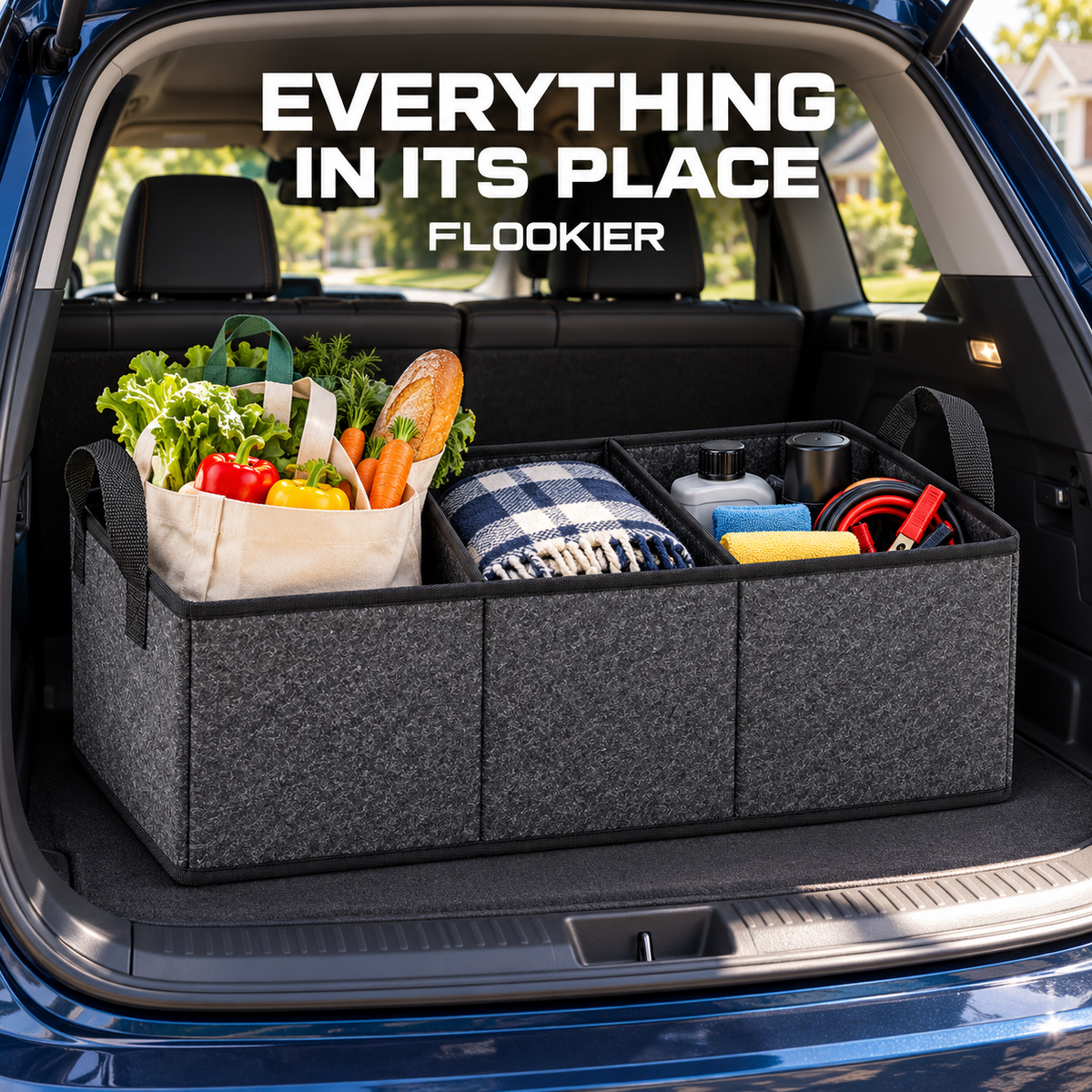 FLOOKIER® Foldable Car Trunk Organizer – 3 Compartments & Carry Handles for Groceries, Blankets and Car Supplies