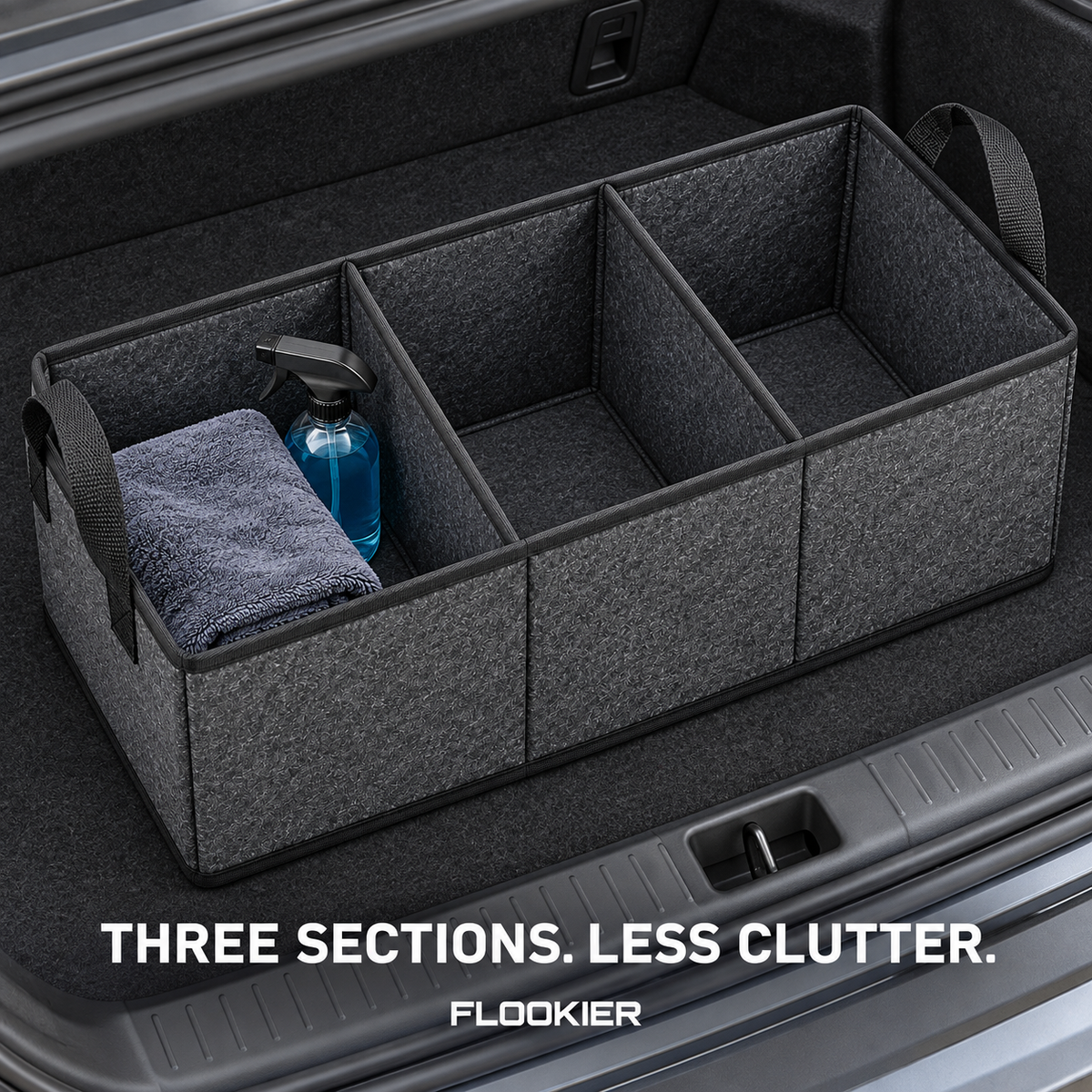 FLOOKIER® Foldable Car Trunk Organizer – 3 Compartments & Carry Handles for Groceries, Blankets and Car Supplies