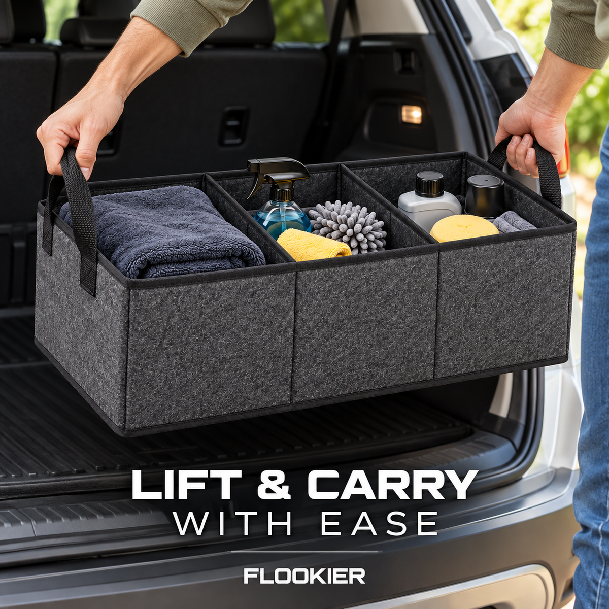 FLOOKIER® Foldable Car Trunk Organizer – 3 Compartments & Carry Handles for Groceries, Blankets and Car Supplies
