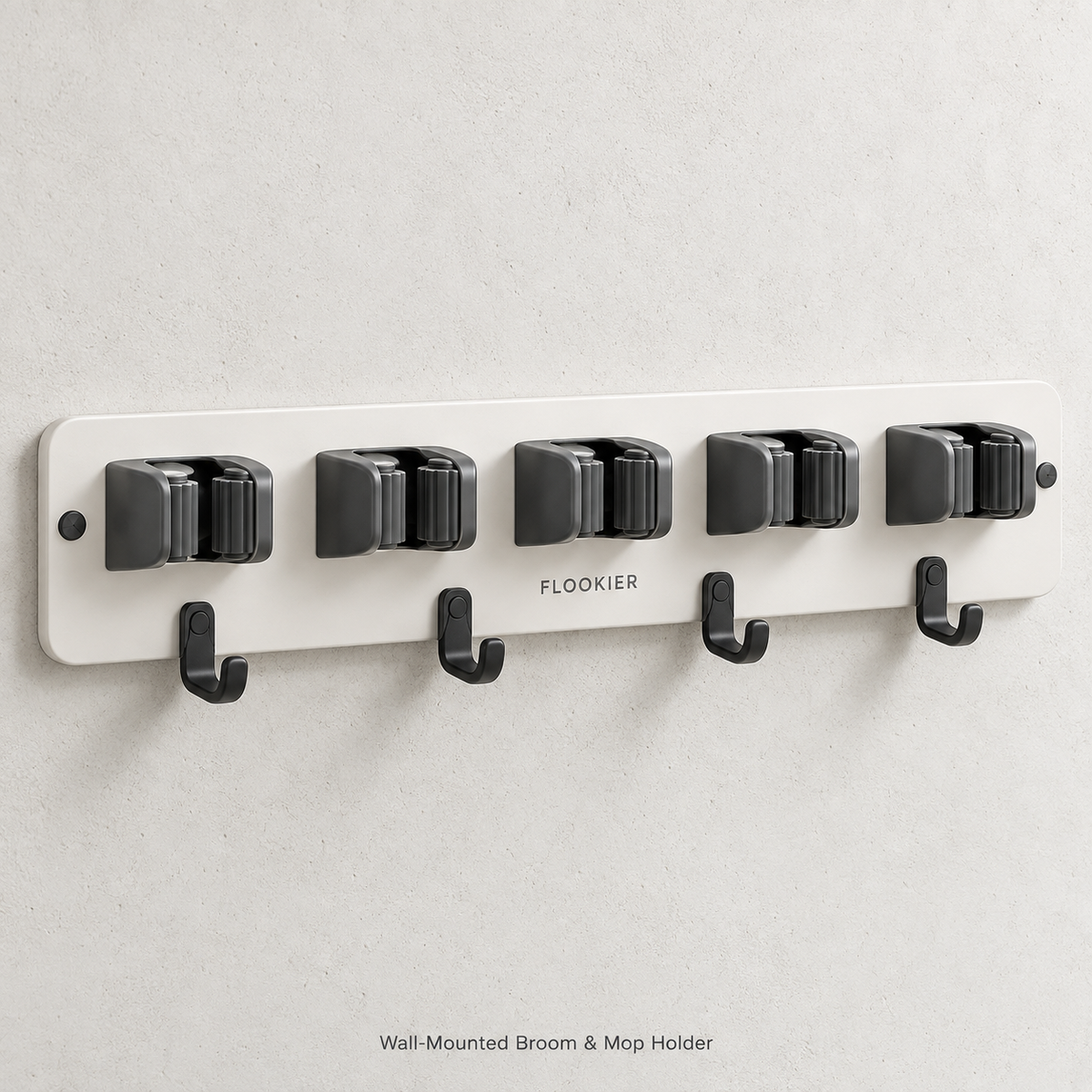 FLOOKIER® Wall-Mounted Broom & Mop Holder – 5 Grip Slots and 4 Hooks for Laundry Room and Utility Storage