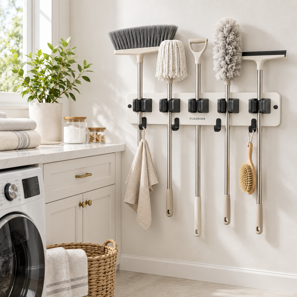 FLOOKIER® Wall-Mounted Broom & Mop Holder – 5 Grip Slots and 4 Hooks for Laundry Room and Utility Storage