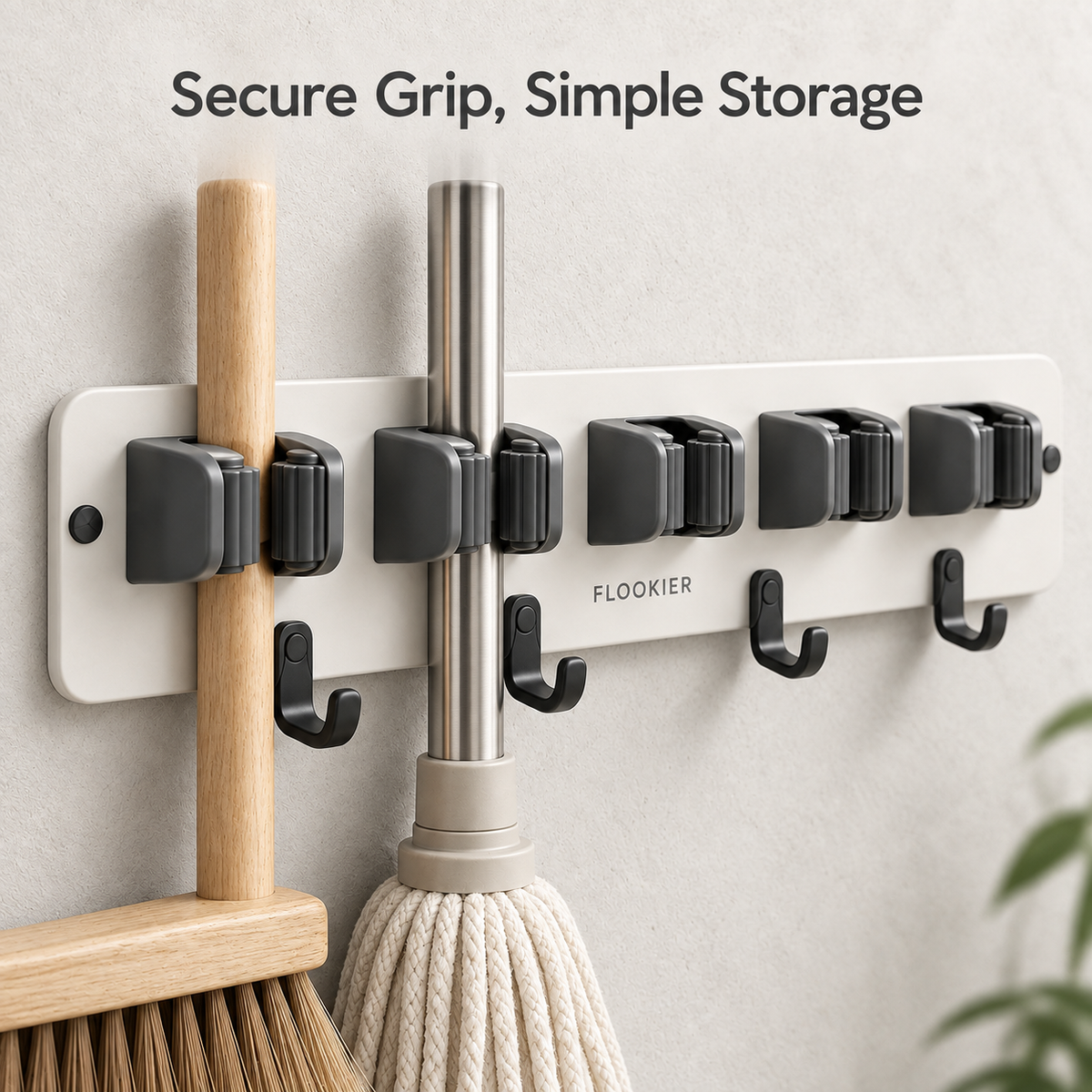 FLOOKIER® Wall-Mounted Broom & Mop Holder – 5 Grip Slots and 4 Hooks for Laundry Room and Utility Storage